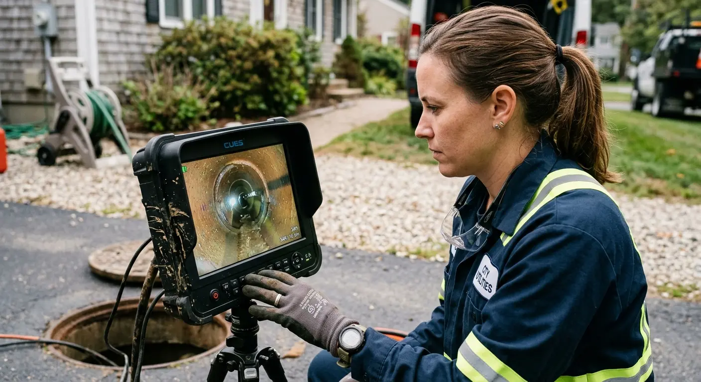 Technician reviewing sewer camera inspection footage in Helena-West Helena