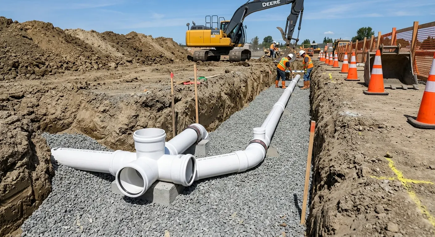 New PVC sewer pipe installation in open trench for Commercial Drain Cleaning in Helena-West Helena