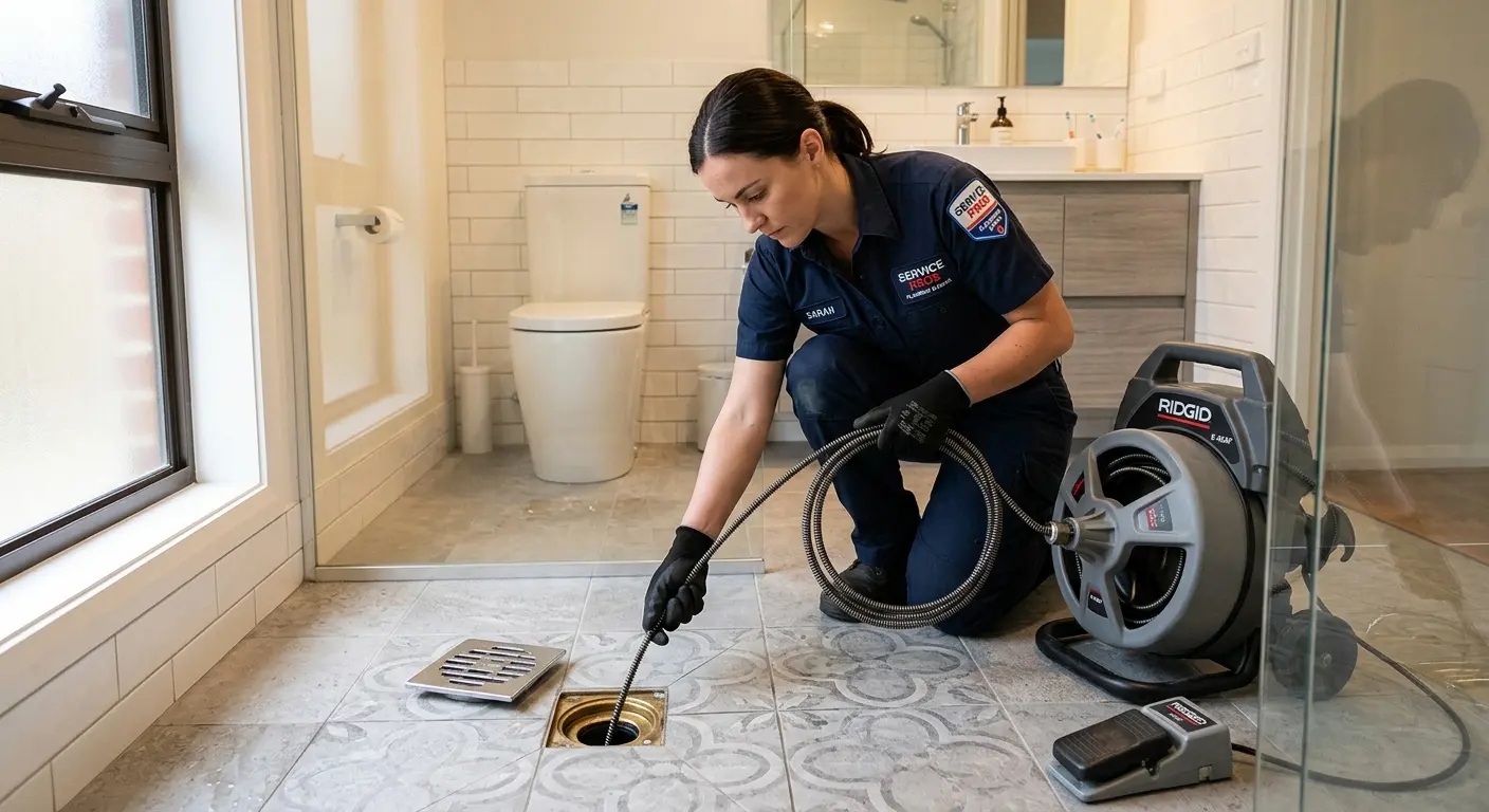 Technician clearing a bathroom floor drain for Hydro Jetting in Helena-West Helena
